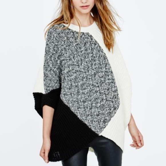 Maje Sweaters - Maje Paris Patchwork  Cape/ Cocoon/ Poncho Black/ Off White Size M-L